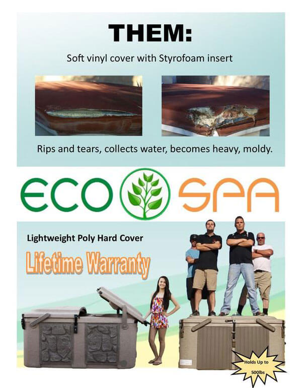 Eco Spa flier showcasing hard cover and lifetime warranty